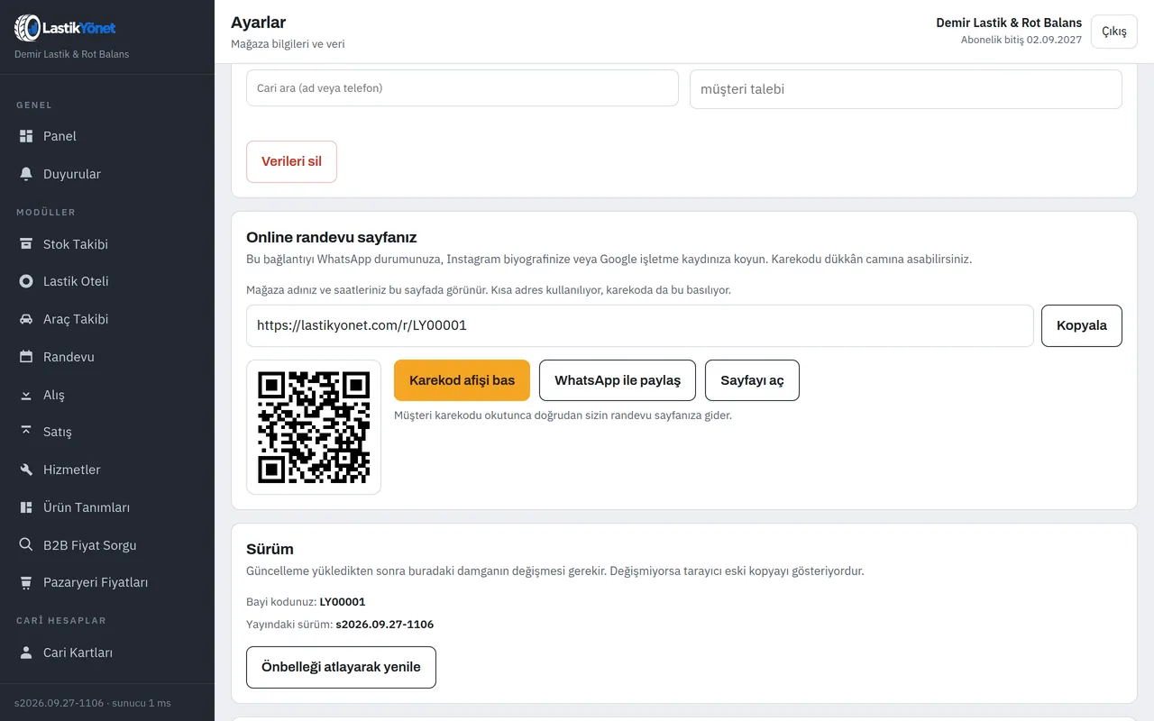 Online randevu sayfası ayarı: kısa randevu adresi, karekod afişi basma ve WhatsApp ile paylaşma