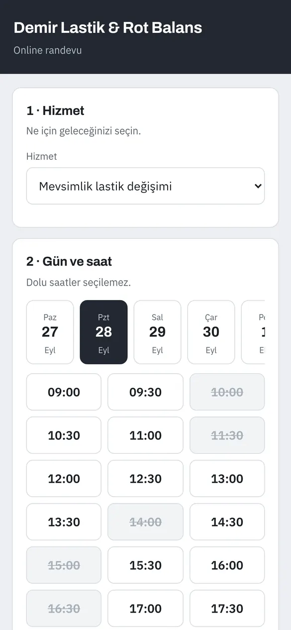 Müşterinin telefonundan online lastik randevu sayfası: hizmet seçimi, gün ve boş saatler